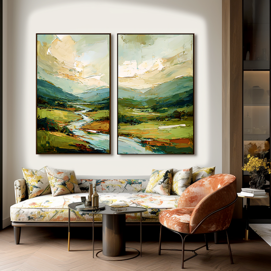 Landscape Diptych Oil Painting, Art Decorative Wall Hanging for Living Room and Bedroom