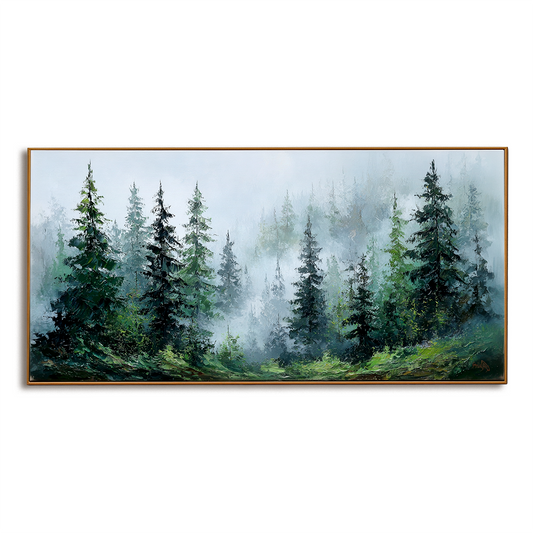 Hand - Painted Forest Landscape Oil Painting, Misty Forest Wall Art for Living Room
