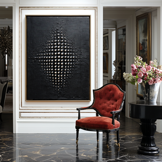 Hand - Painted 3D Textured Black Wall Art, Minimalist Abstract Relief Decor with Dotted Pattern