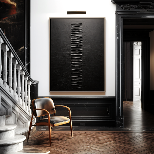 Hand - Painted 3D Textured Black Wall Art, Minimalist Abstract Relief Decor with Linear Patterns