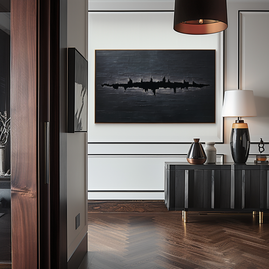 Hand - Painted 3D Textured Black Wall Art, Minimalist Abstract Soundwave Relief Decor