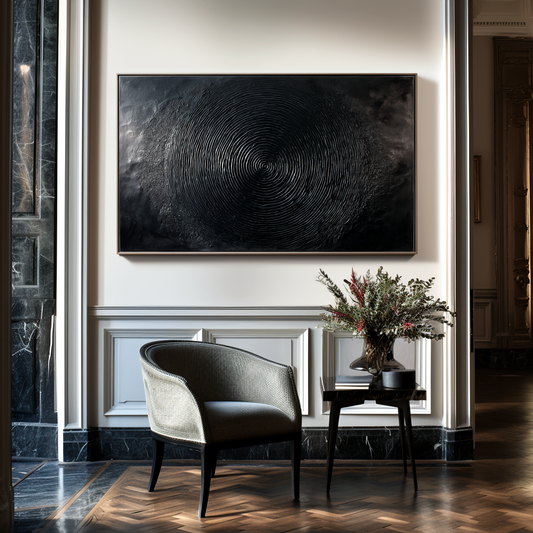 Hand - Painted 3D Textured Black Wall Art, Minimalist Abstract Circular Relief Decor