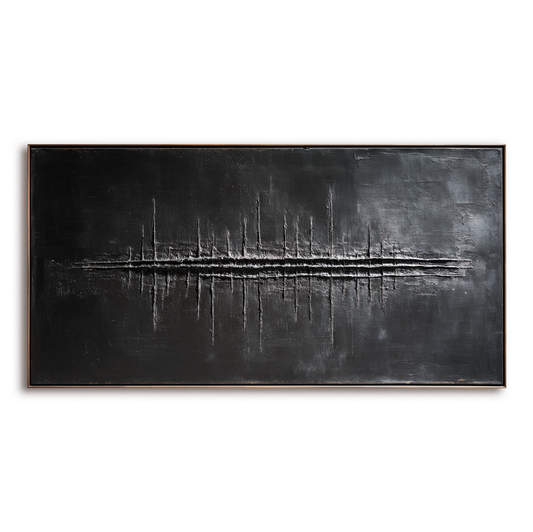 Hand - Painted 3D Textured Black Wall Art, Minimalist Abstract Soundwave - Inspired Relief Decor