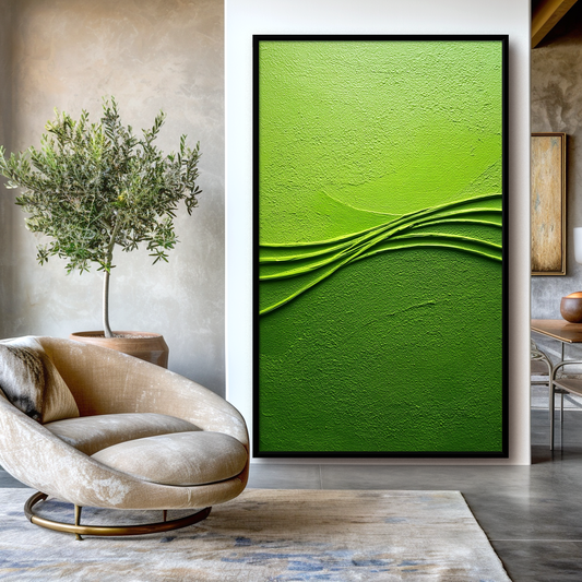 Hand - Painted 3D Textured Green Wall Art, Minimalist Abstract Wave Relief Decor