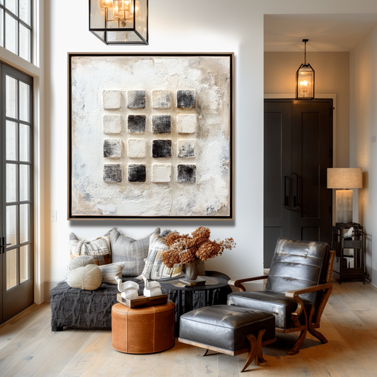 Hand - Painted 3D Textured Neutral - Toned Square Wall Art, Minimalist Abstract Relief Decor