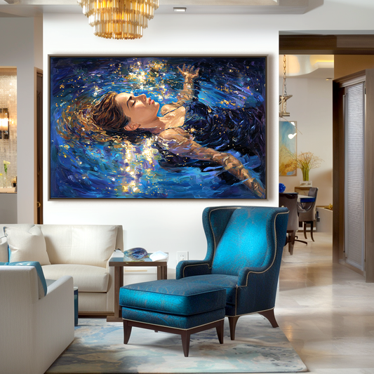 Hand - Painted Impressionist Woman Floating in Water Wall Art, Colorful Textured Modern Decor