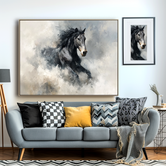 Hand - Painted Abstract Black Horse Wall Art, Dynamic Equestrian Decor for Modern Interiors