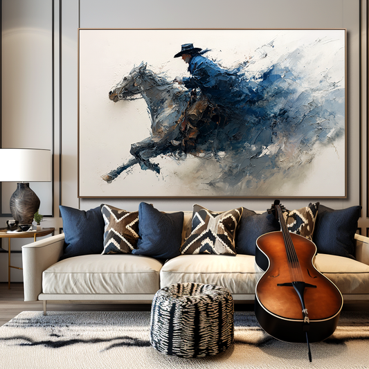Hand - Painted Abstract Cowboy on Horse Wall Art, Textured Dynamic Western Decor