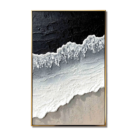 Hand - Painted Textured Black and White Coastal Wave Wall Art, Modern Decor
