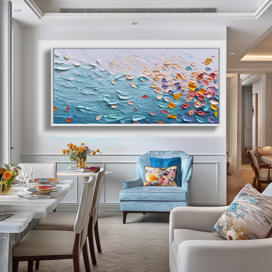 Coastal Whispers – Textured Ocean & Petal Palette Knife Canvas Art, Modern Wall Décor