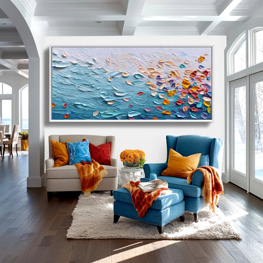 Coastal Whispers – Textured Ocean & Petal Palette Knife Canvas Art, Modern Wall Décor