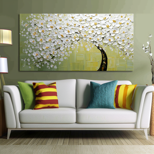 Golden Dawn – Textured White Blossom Tree Oil Painting