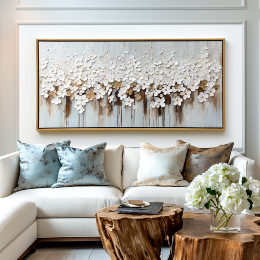 Golden Drift – Textured White Floral Oil Painting