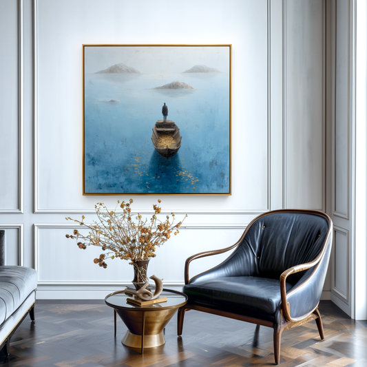 Golden Voyage – Surreal Blue Boat Abstract Oil Painting