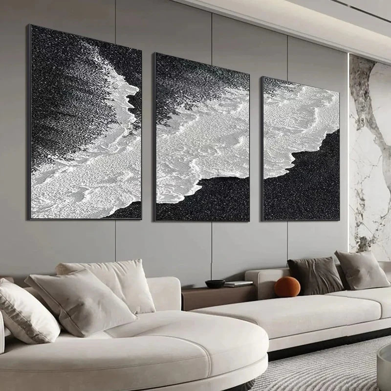 Monochrome Tide-Ocean Triptych Painting