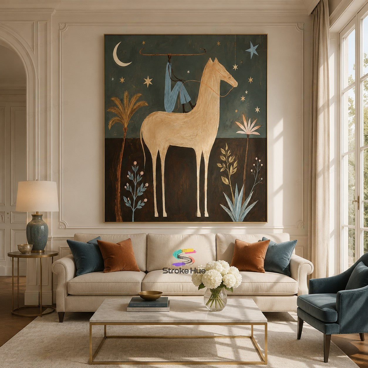 Moonlit Palm Rider-White Horse Painting