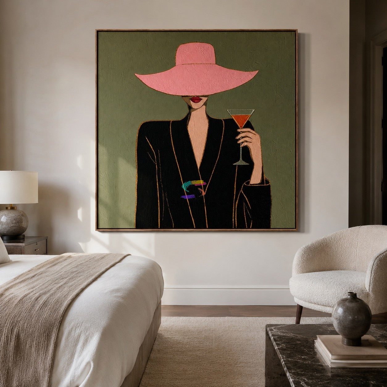 Pink Brim-Martini Woman Portrait Painting