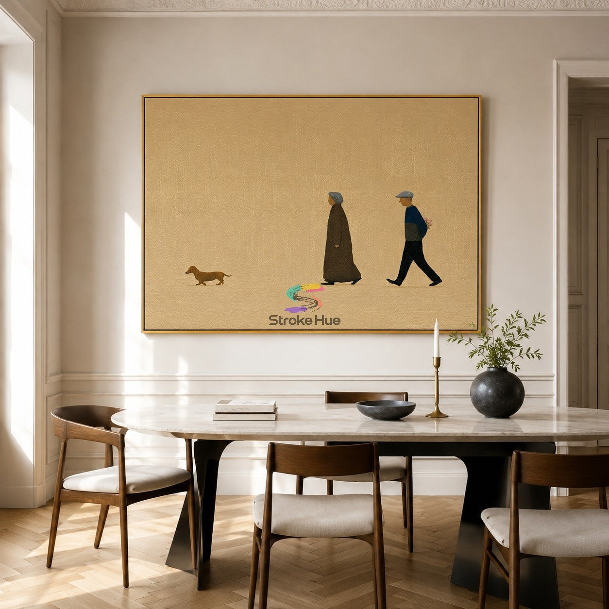 Golden Stroll-Elderly Couple Dog Painting