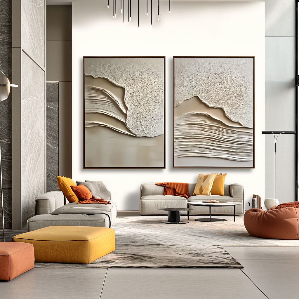 Cream Strata-Relief Diptych Painting