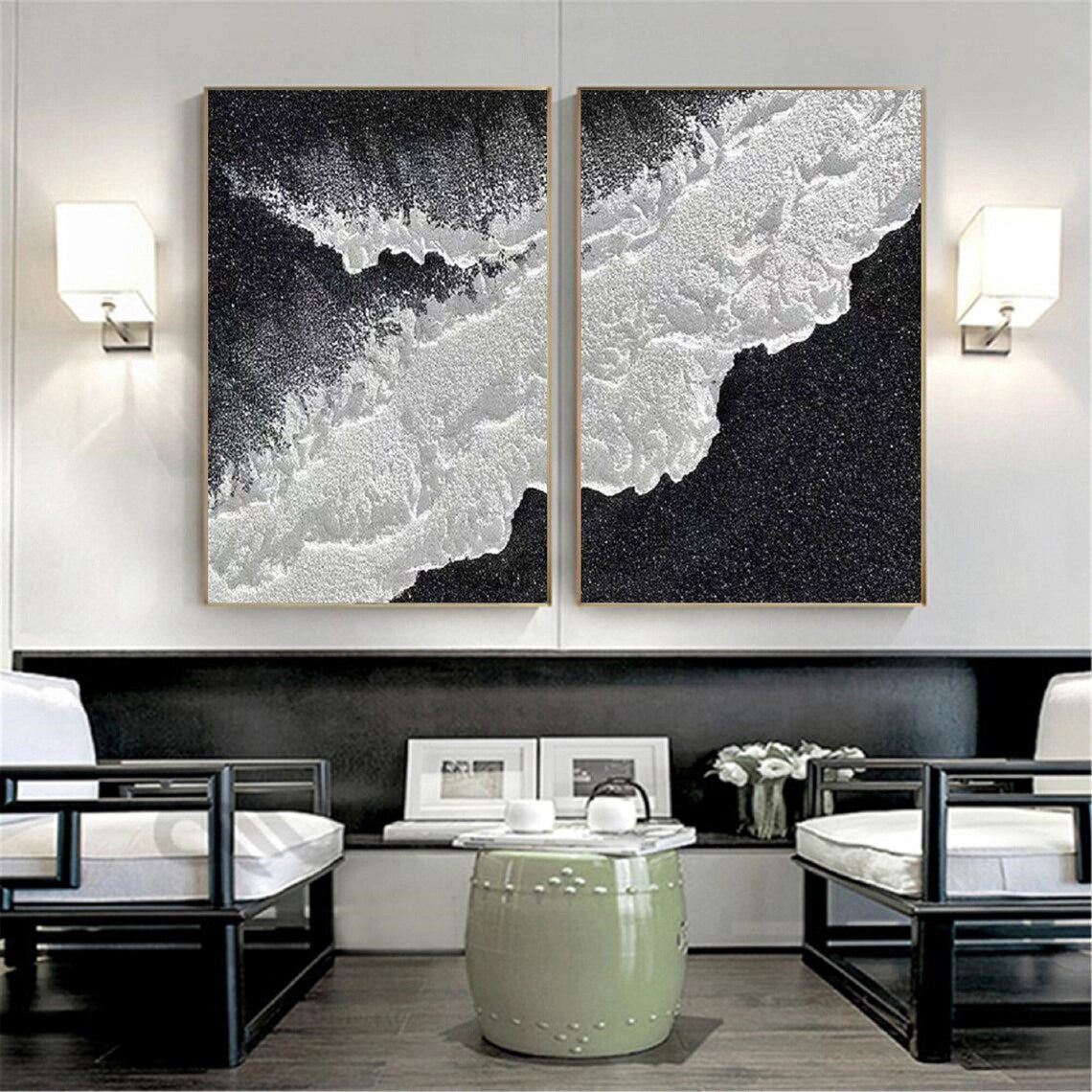 Frost Tide Duo-Black White Abstract Painting