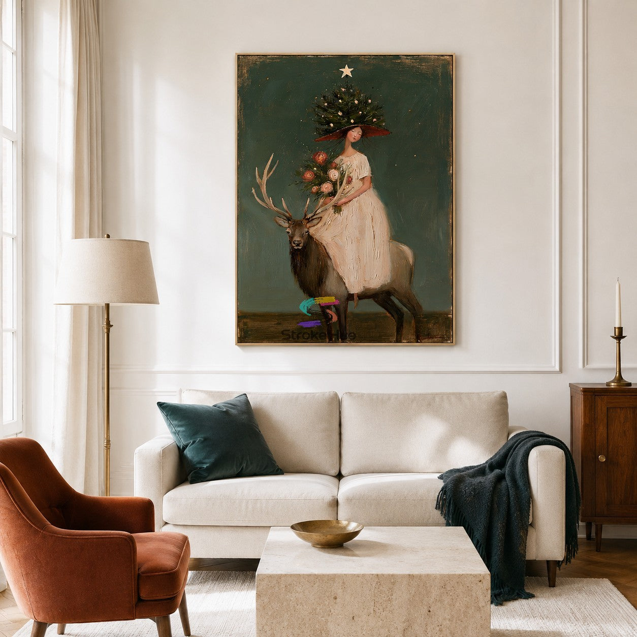 Yuletide Rider-Woman and Elk Painting