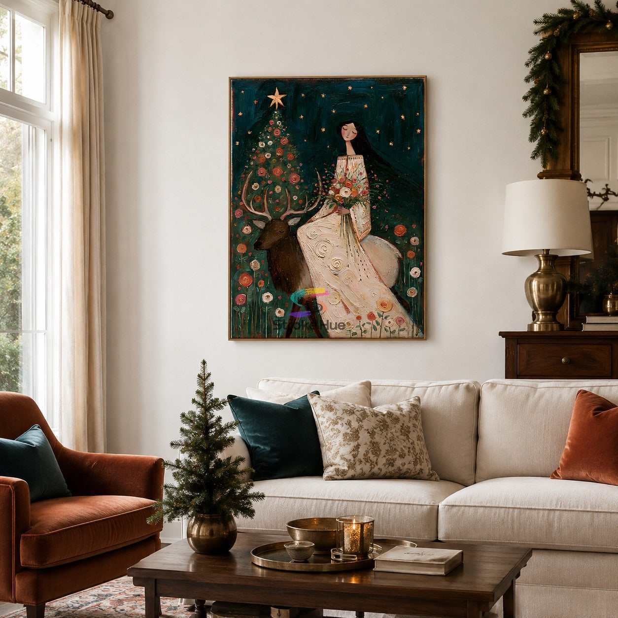 Starlit Rose-Woman and Stag Christmas Painting