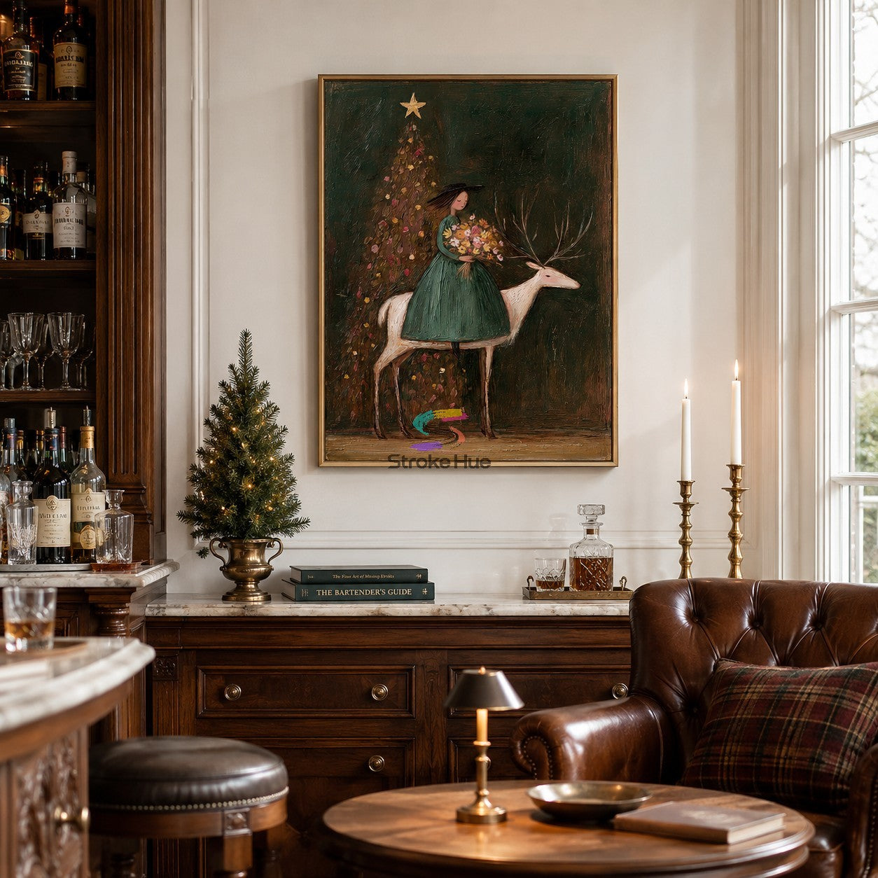 Evergreen Journey-Woman and White Stag Christmas Painting