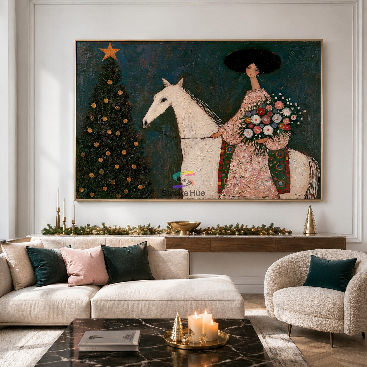 Holiday Reverie-Woman on White Horse Christmas Painting