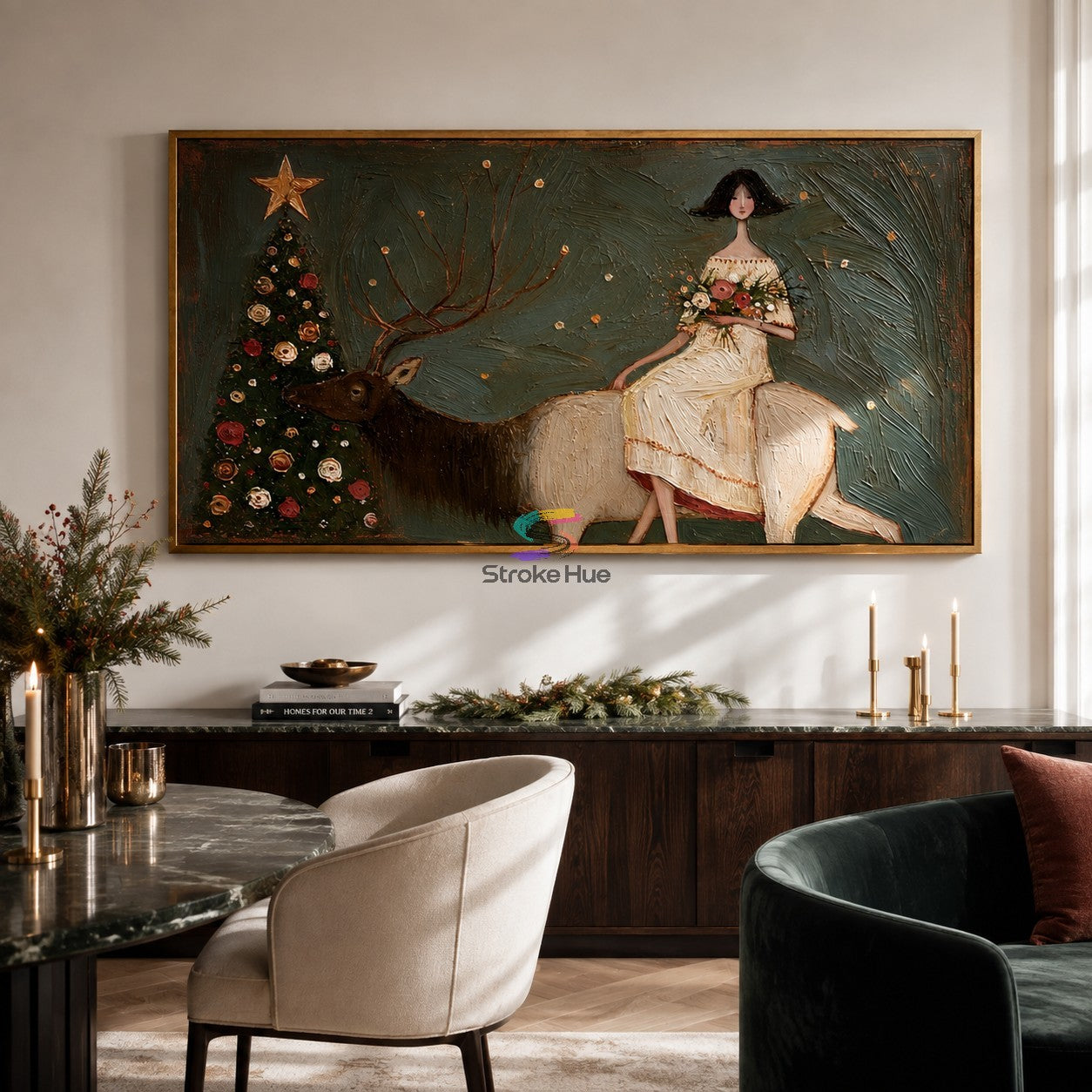 Evergreen Noel-Woman and Stag Christmas Painting