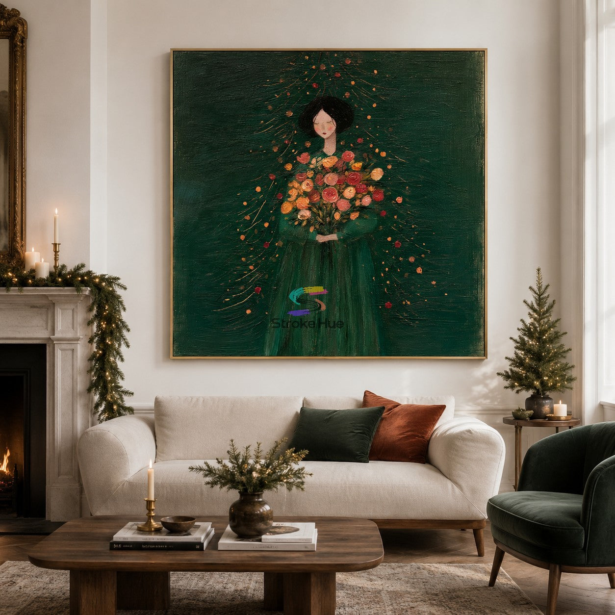 Evergreen Bloom-Woman with Floral Bouquet Painting