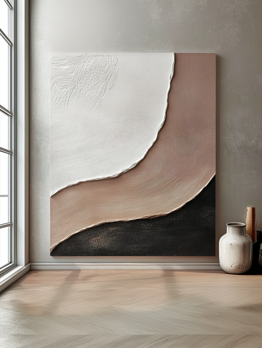 Hand - painted Abstract Art Painting: Layered Textured Wall Decor (White, Taupe & Black)