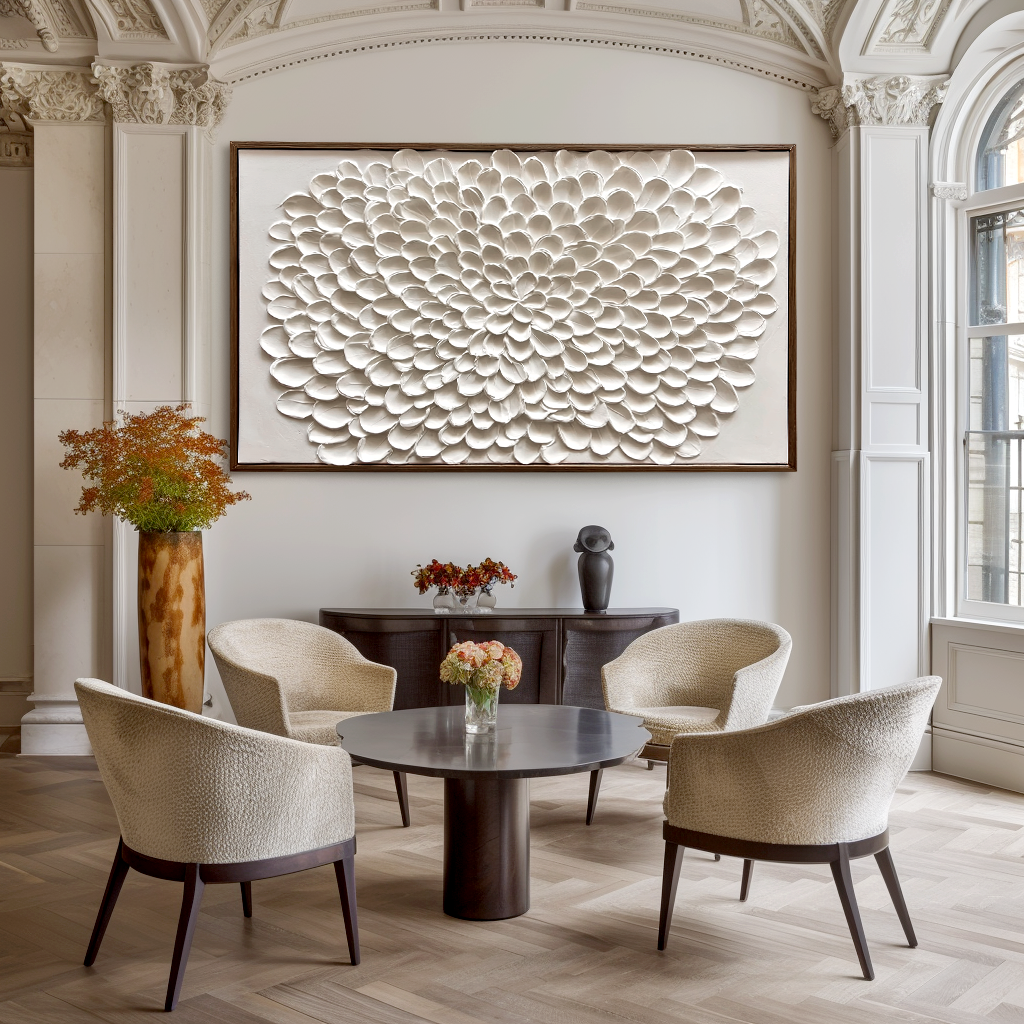 Ivory Dahlia Bloom-Textured Relief Painting