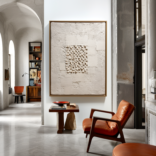 Hand - Painted 3D Textured Minimalist Wall Art, White Square Relief Decor