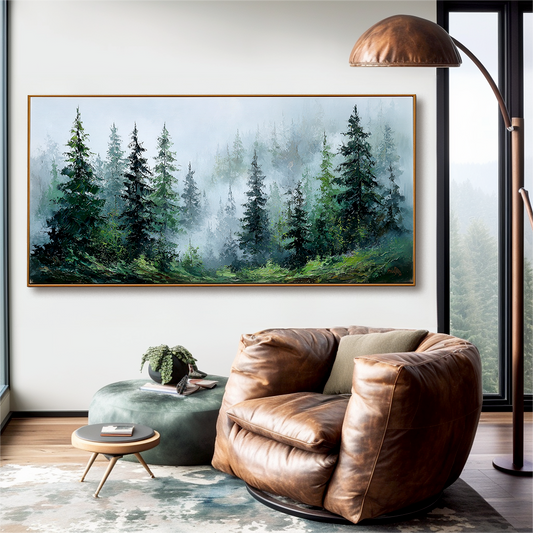 Hand - Painted Forest Landscape Oil Painting, Misty Forest Wall Art for Living Room