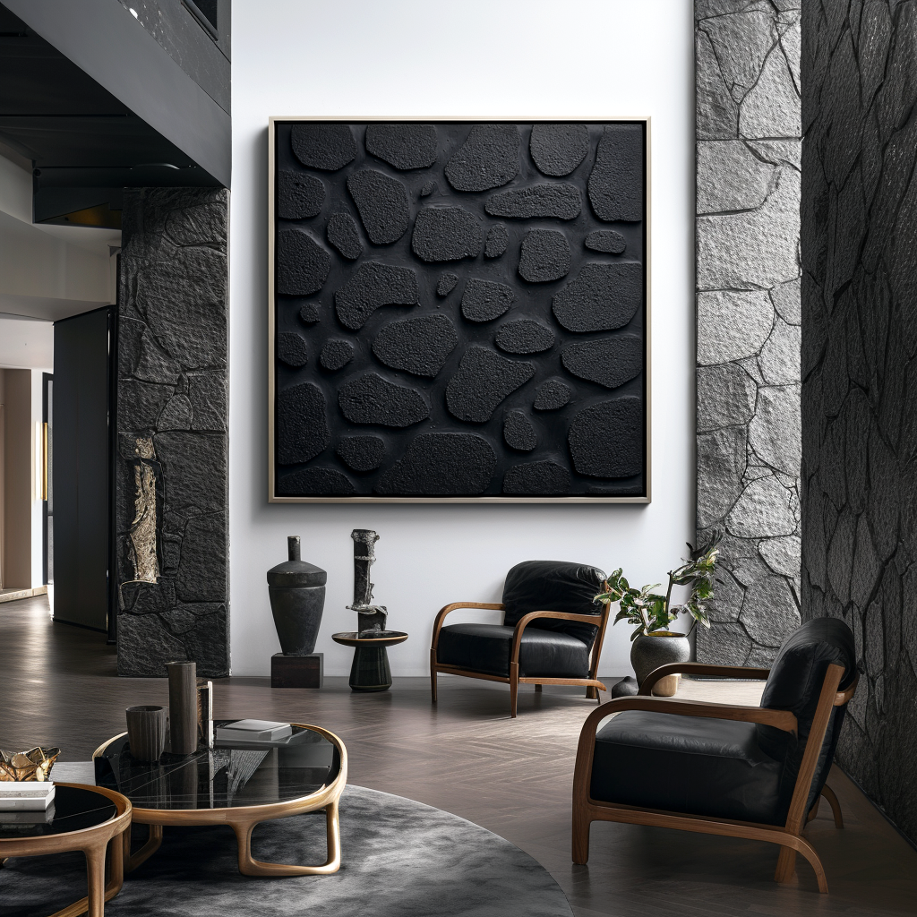 Obsidian Pebble-Textured Black Abstract Painting