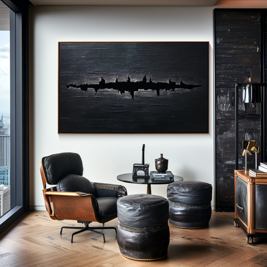 Hand - Painted 3D Textured Black Wall Art, Minimalist Abstract Soundwave Relief Decor