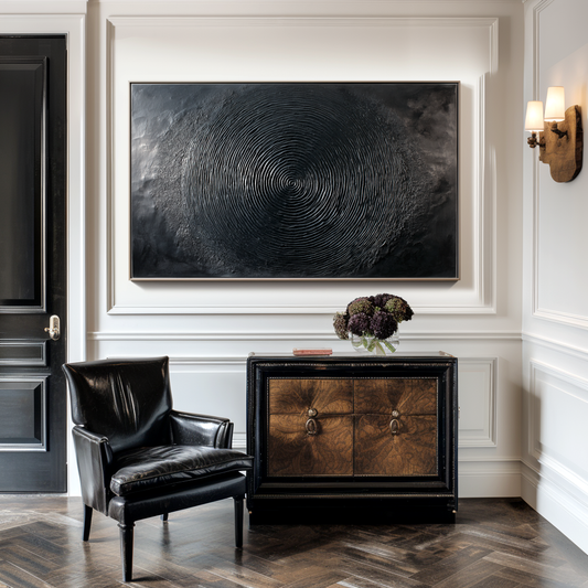 Hand - Painted 3D Textured Black Wall Art, Minimalist Abstract Circular Relief Decor