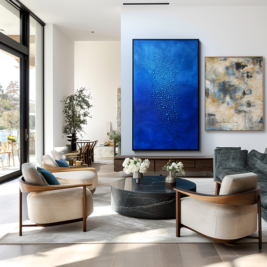 Hand - Painted 3D Textured Blue Wall Art, Minimalist Abstract Bubble - Inspired Relief Decor