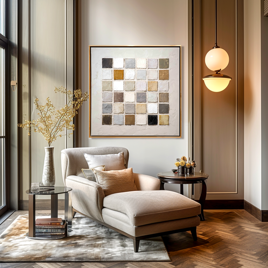Hand - Painted 3D Textured Neutral - Toned Square Mosaic Wall Art, Minimalist Abstract Relief Decor