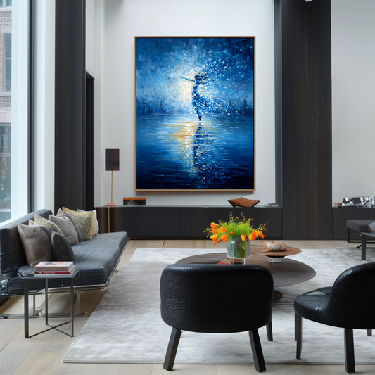 Hand - Painted Impressionist Dancing Figure Wall Art, Blue - Toned Textured Modern Decor