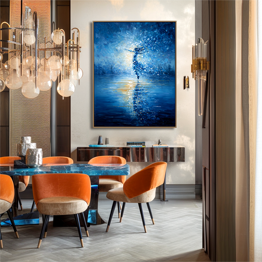 Hand - Painted Impressionist Dancing Figure Wall Art, Blue - Toned Textured Modern Decor