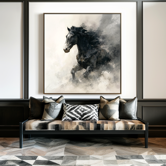 Hand - Painted Abstract Black Horse Wall Art, Dynamic Equestrian Decor for Living Room