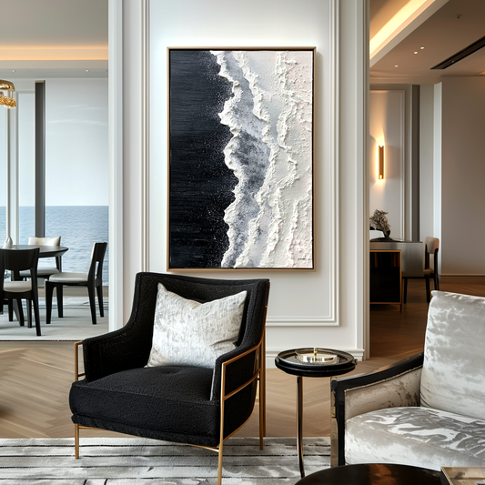 Hand - Painted Textured Black and White Coastal Wave Wall Art, Modern Decor