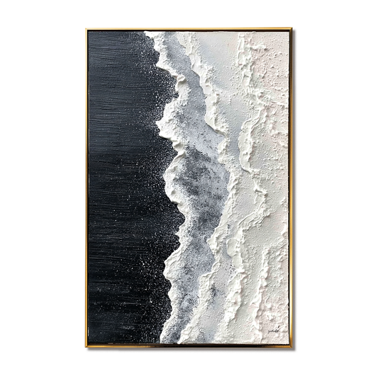 Hand - Painted Textured Black and White Coastal Wave Wall Art, Modern Decor