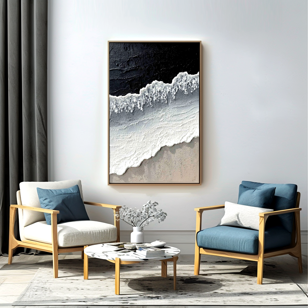 Hand - Painted Textured Black and White Coastal Wave Wall Art, Modern Decor