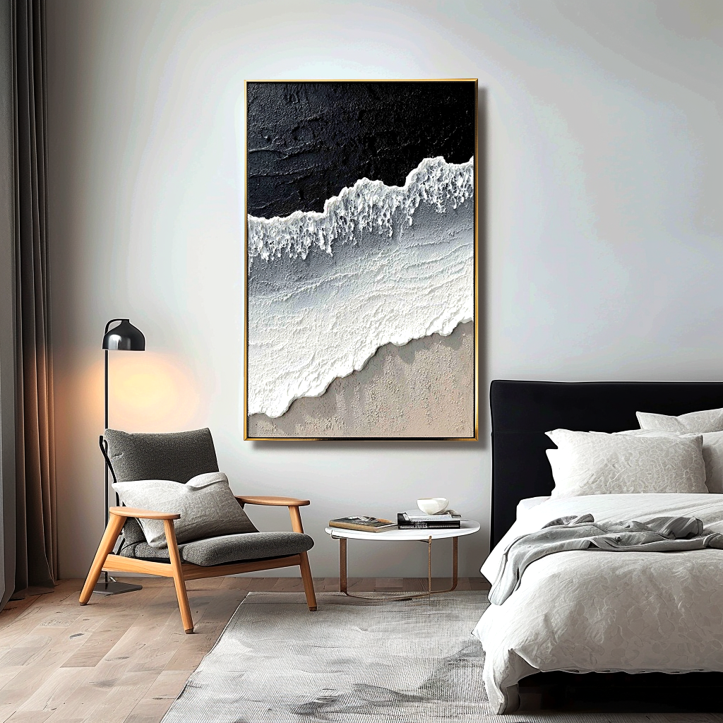 Hand - Painted Textured Black and White Coastal Wave Wall Art, Modern Decor