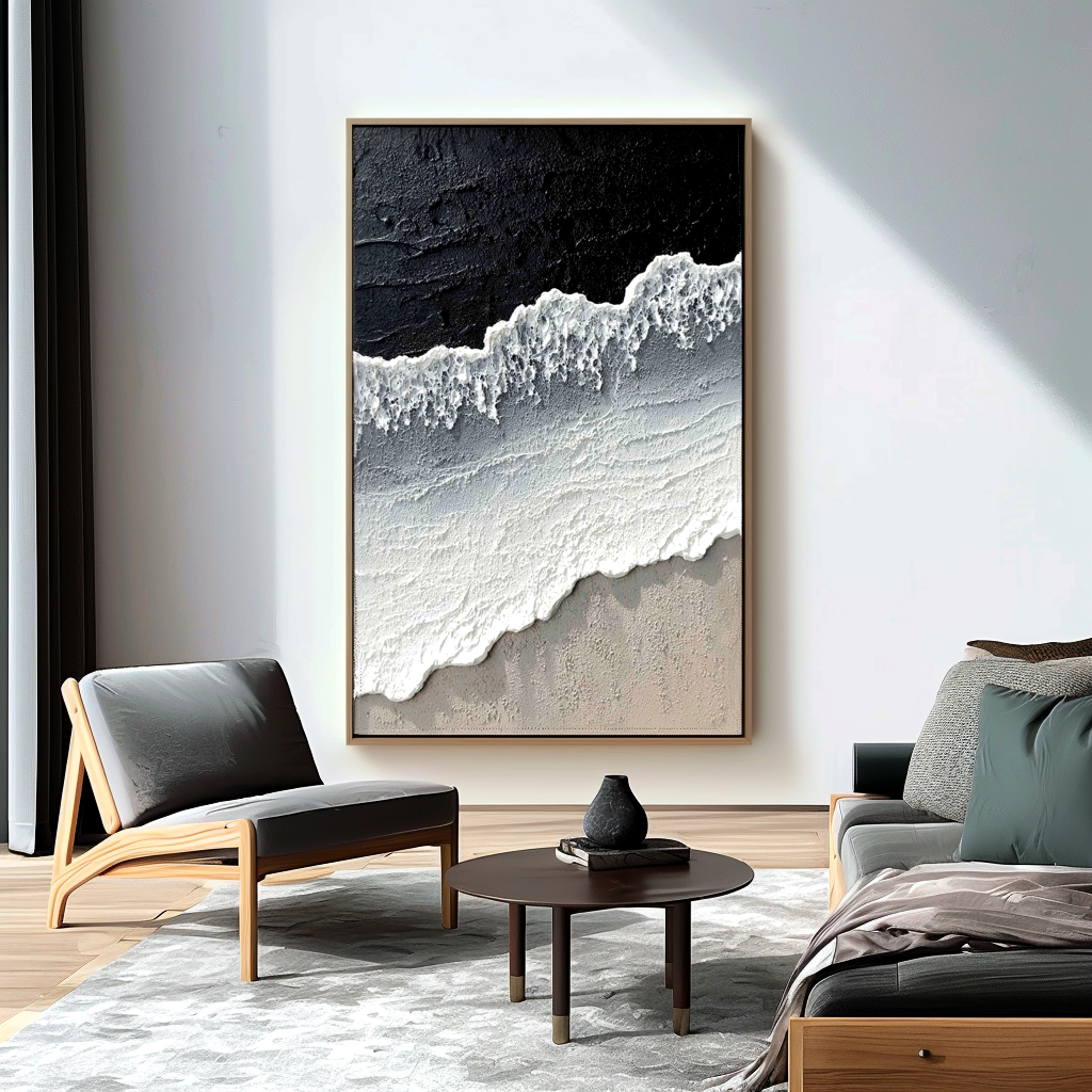 Hand - Painted Textured Black and White Coastal Wave Wall Art, Modern Decor