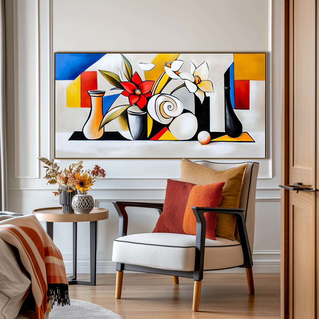 Hand - Painted Cubist Floral Still Life Wall Art, Modern Home Decor