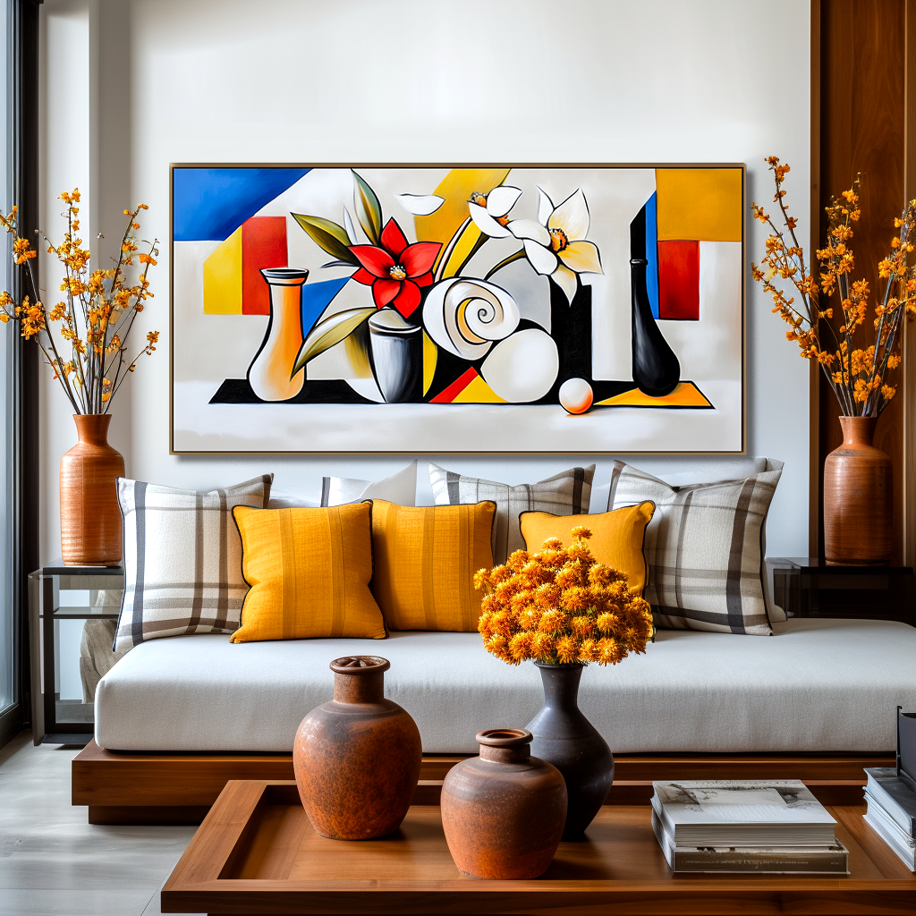Hand - Painted Cubist Floral Still Life Wall Art, Modern Home Decor