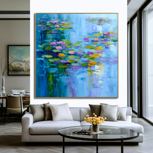 Hand - Painted Colorful Water Lilies Pond Wall Art, Impressionist Modern Home Decor
